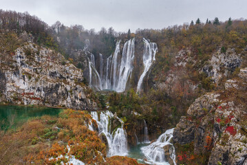 Great Waterfall in Plitvice National Park in Croatia on an autumn day. Vertical panorama
