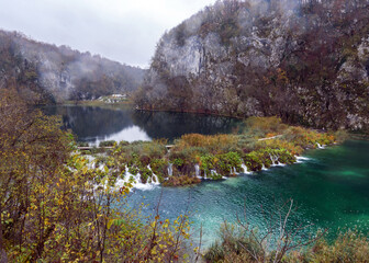 Beautiful turquoise Plitvice Lakes in Plitvice National Park in Croatia in autumn