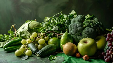 Green fruits and vegetables against green background