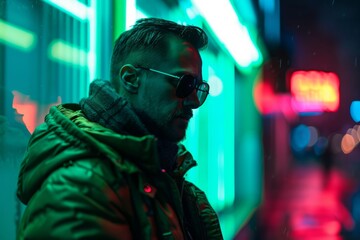 A man in a green jacket and sunglasses, neon style