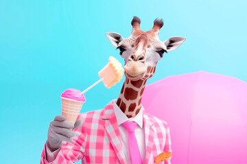 Stylish portrait of  Humor giraffe with glasses and vibrant pink suit on blue background. Funny pop...