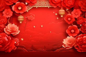 Happy Chinese new year, paper cut flowers and asian elements with craft style on background. banner template design, Chinese pattern, gold hanging lantern.