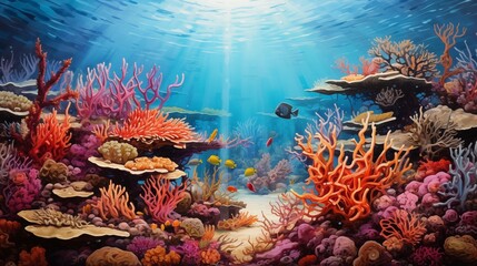 Naklejka na ściany i meble Rough, textured coral reef with vibrant marine life