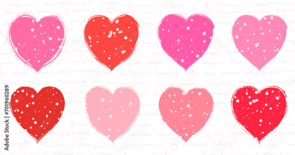 Aufkleber red and pink textured vector hearts set with irregular rough shapes, speckled with dots in various s