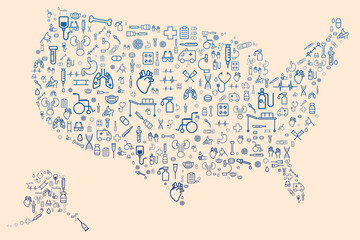 Map of the United States formed by icons related to medicine and healthcare system
