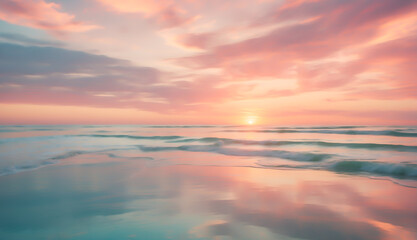 Fototapeta na wymiar Blurred ocean sunrise with sky reflection, natural background.