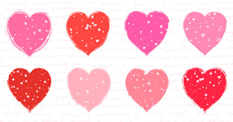 Red and pink textured vector hearts set with irregular rough shapes, speckled with dots in various sizes on background with light handwritten illegible text - 701960289