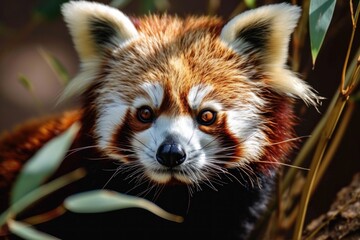 Obraz premium Portrait of red baby panda near bamboo in the zoo