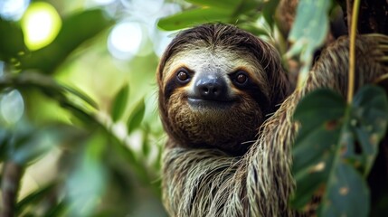 Naklejka premium Close-up aesthetic photo of baby sloth on a tree