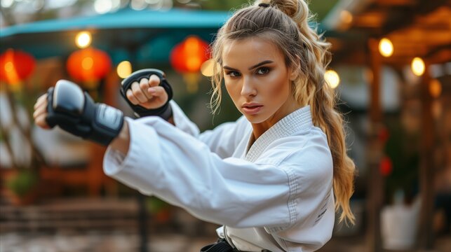 A beautiful girl in karate uniform practicing an arm guard.