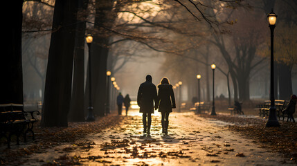 wedding couple walking in a park at sunset in autumn - obrazy, fototapety, plakaty