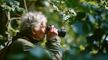 Old woman uses binoculars in leafy forest.