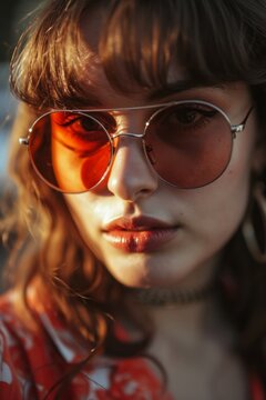 Closeup view of young woman in stylish sunglasses