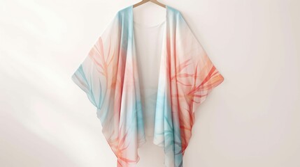 Minimalistic view of a flowy kimono in a dreamy Tropical print, with watercolorstyle Peach Fuzz palm leaves and splashes of vibrant pink and aqua.