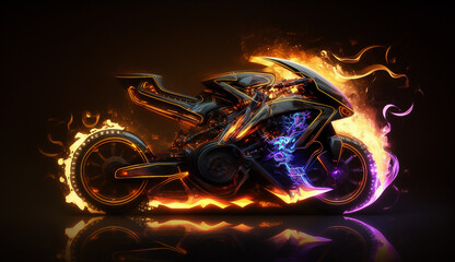 Sport bike and glowing lines with fire