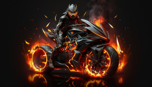 Sport bike and glowing lines with fire