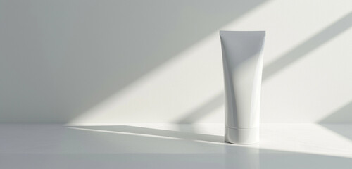 Slender cylindrical white hand cream tube stands empty on a white surface, sleek mockup with copy space.