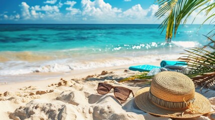 Fototapeta na wymiar Tropical beach with sunbathing accessories, summer holiday background