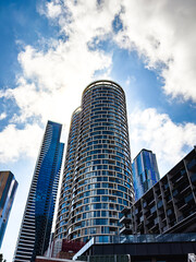 Fototapeta premium Melbourne skyscrapers, towering cityscape, urban high-rises, city skyline. Architecture. Australia.