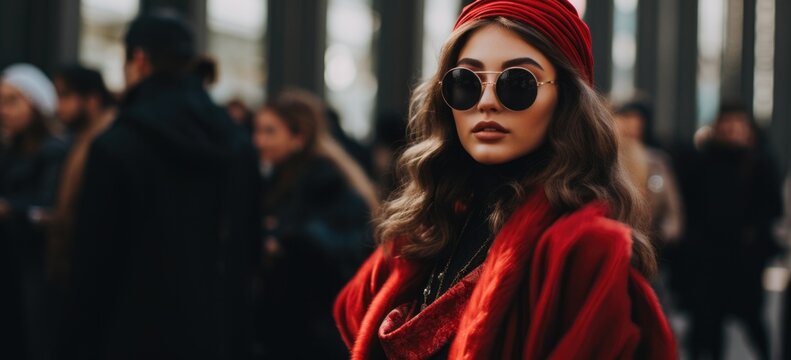 Stylish woman in red fashion outfit on urban street. Street style and fashion. Banner.