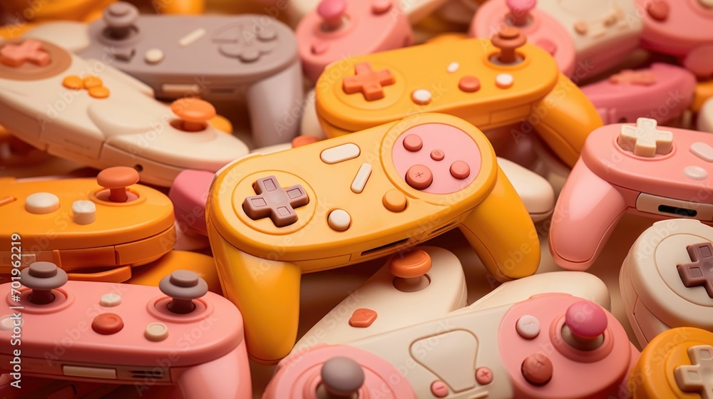 Poster closeup of a collection of peach fuzzcolored retro game controllers, from the bulky nintendo 64 cont