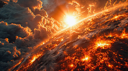 Big explosions on the sun. A massive solar explosion or a giant asteroid hitting the planet. An illustration featuring explosions, fires, giant plumes of smoke and lava.