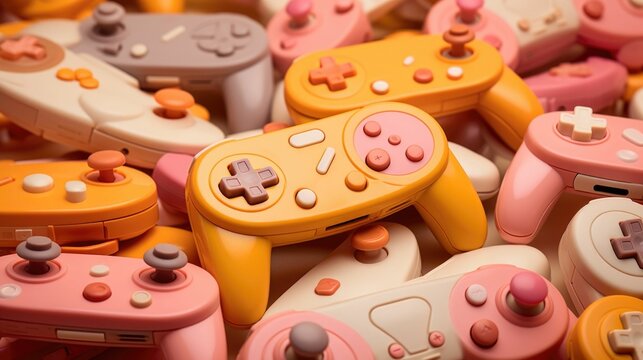 Closeup of a collection of Peach Fuzzcolored retro game controllers, from the bulky Nintendo 64 controller to the sleek Sega Genesis controller.