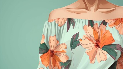 Minimalistic view of a breezy offtheshoulder top in a striking Tropical print, with oversized...