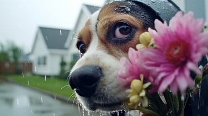 A close-up of a curious beagle's wet nose, sniffing a colorful bouquet of flowers in a rustic setting -Generative Ai - obrazy, fototapety, plakaty