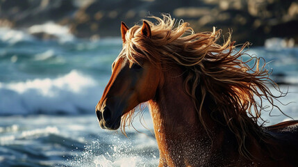 Wind-Blown Mane Elegance:  A close-up of a horse with its mane beautifully tousled by the seaside breeze, exuding a sense of wild elegance