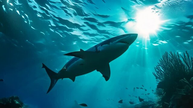 Great white shark from below in a coral reef with sunlight coming through the waves in the ocean animation
