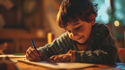 A child enjoying making his homework - obrazy, fototapety, plakaty