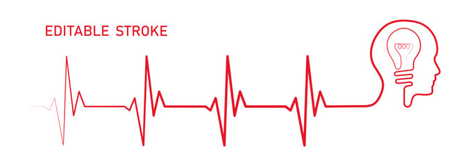 Editable red ekg monitor, cardio diagnosis, man head profile vector art. Heart rhythm line vector design to use in healthcare, healthy lifestyle, medicine, ekg, ecg concept illustration projects. 