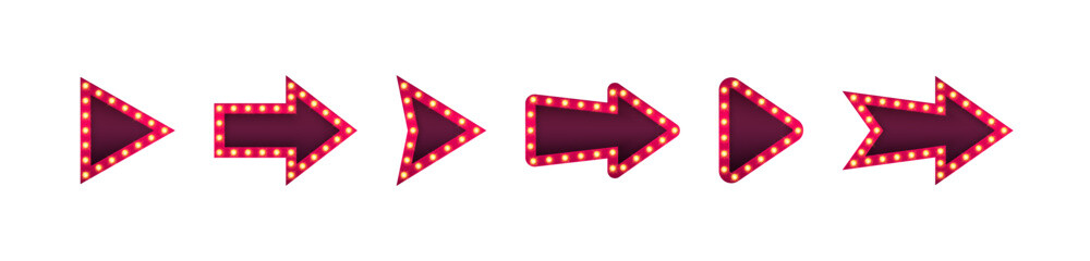 Set of retro lightbox in arrow shape. Arrow design for pointer, direction, orientation and navigation. Vector illustration - obrazy, fototapety, plakaty