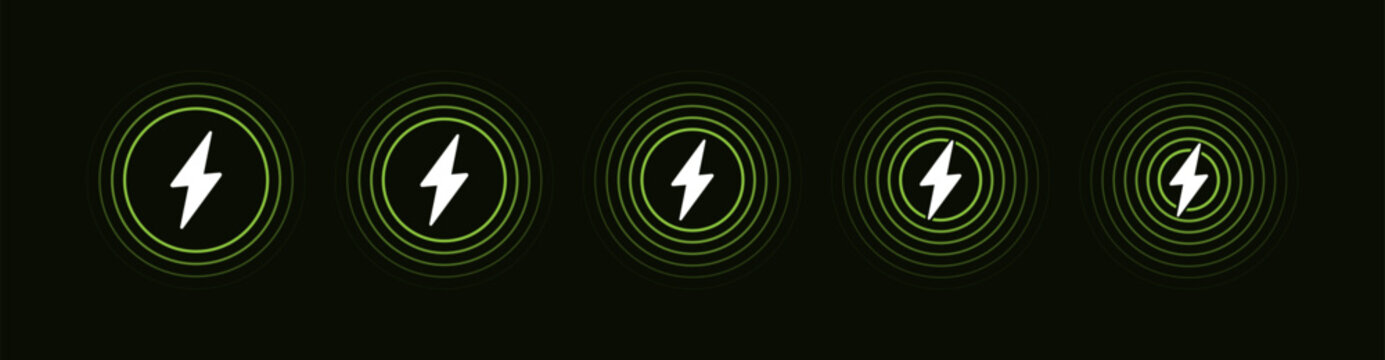 Wireless charger logo set with waves. Fast wireless charging technology. Wireless charger sign with lightning and waves. Inductive dock station for charging different devices. Vector illustration