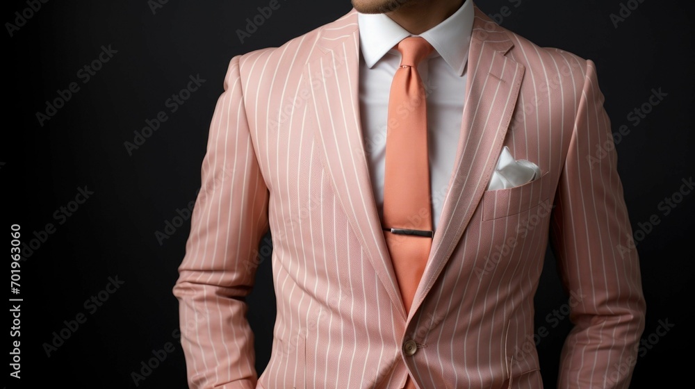Poster minimalistic view of a tailored peach fuzz blazer with a peach fuzz and white striped tie, perfectly