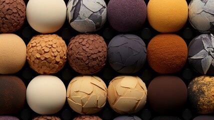 A close-up of assorted chocolate truffles arranged in a gradient, showcasing their rich, decadent colors and textures. -Generative Ai - obrazy, fototapety, plakaty