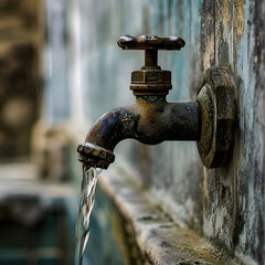 an old  rust water faucet with water pouring from it
