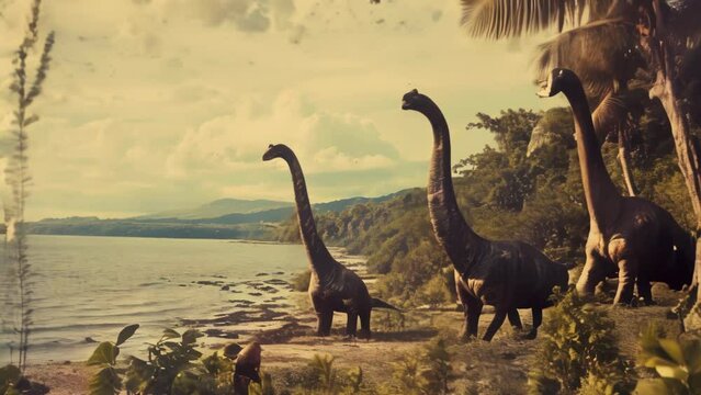 Dinosaur herd walking in a prehistoric land retro style damaged film animation