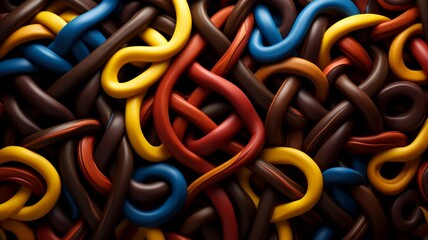 A close-up of licorice twists intertwined with ribbons of various colors, creating a visually striking and intricate pattern.  -Generative Ai