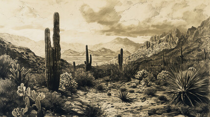 monochrome Mexican landscape with cacti and mountains