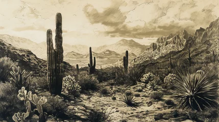 Rolgordijnen monochrome Mexican landscape with cacti and mountains © Christopher