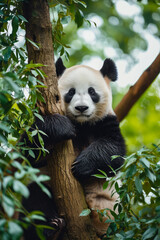 Obraz premium A panda bear climbing on a tree,close-up