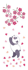 Cute panda with branches cherry blossoms. Collection of illustrations with panda and sakura flowers. Children's greeting card with panda and sakura flowers. Minimalist style.