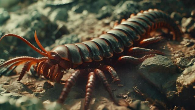 Giant centipede crawling on a rocky mountain close-up insect animation