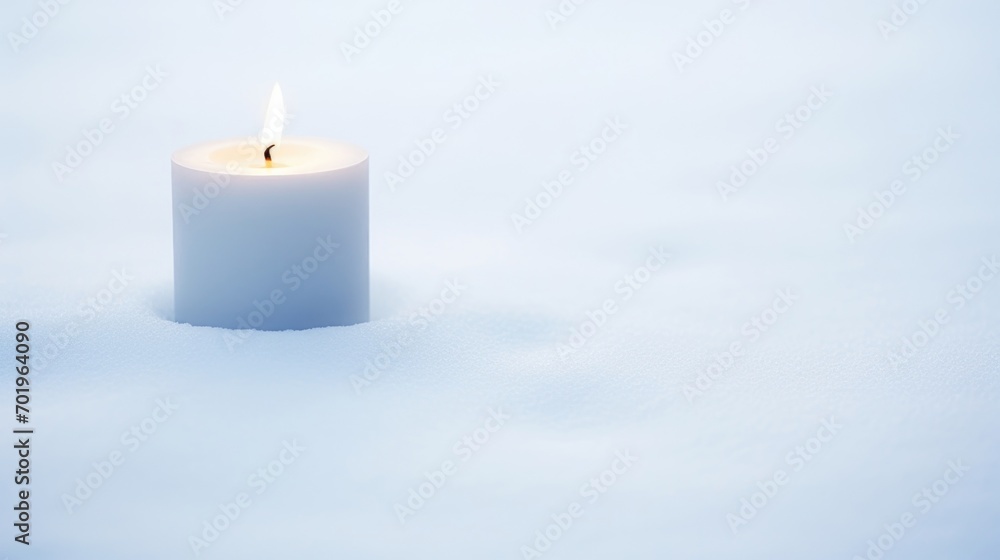 Poster the simplicity of a single candle surrounded by untouched snow, creating a minimalistic yet breathta