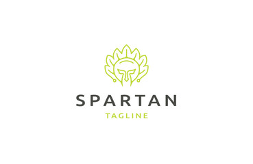 Helmet spartan and leaf combination with green color style logo design template flat vector