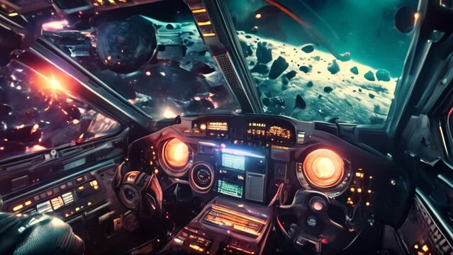 Sci-fi spaceship interior and cockpit close-up view in a space battle near a planetary system animation