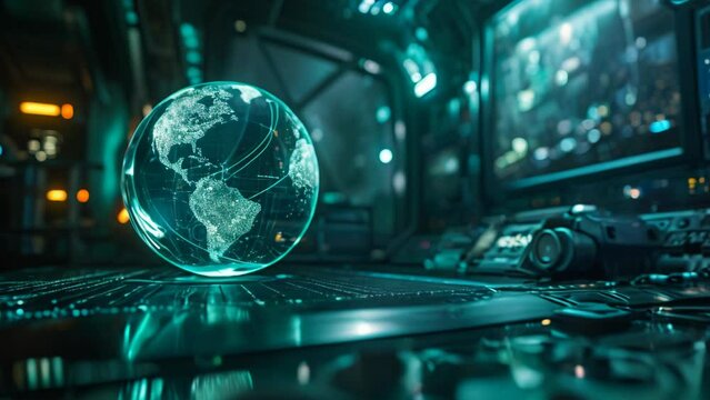 Holographic earth globe close-up in a spaceship interior with interface and switching lights and buttons animation