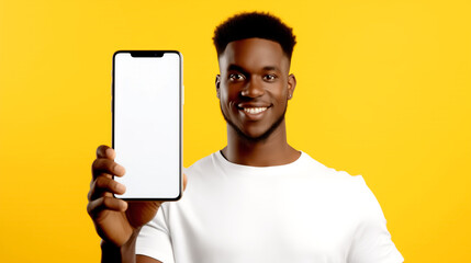 Smiling African American Man Holding Smartphone With White Screen - obrazy, fototapety, plakaty